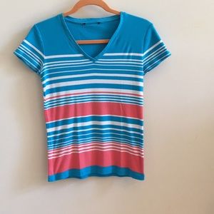 Cute V Neck Striped T-shirt short sleeves